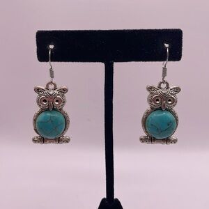 Vintage Silver Tone Faux Turquoise Owl Dangle Drop Statement Earrings